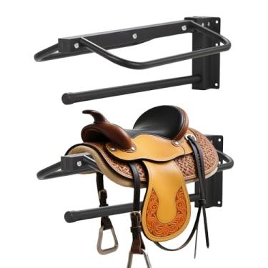 Imagem de Sidasu Pacote com 2 suportes para selim com barra de almofada, suporte de parede resistente, suporte de selim removível para selas de estilo ocidental, armazenamento de aderência de cavalo, preto