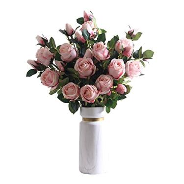 Imagem de Conjunto de buquê de rosas artificiais para ambientes internos, sala de estar, mesa de jantar, arranjo de flores falsas com vaso de cerâmica para ambientes internos e domésticos