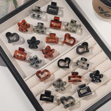 Imagem de 24 peças de grampos de cabelo pequenos para mulheres - Mini grampos de cabelo multiformos, permanecem no lugar sem puxar ou prender, plástico durável, resistente - tartaruga e preto, quadrado, flor