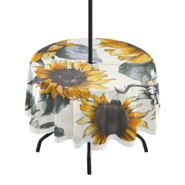 Imagem de CEBUGI Toalha de mesa redonda para uso ao ar livre, girassol, impermeável, com furo Umberlla, capa de mesa lavável para pátio, cozinha, sala de jantar, 152 cm