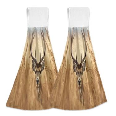 Imagem de Wassud Toalhas de mão penduradas de cozinha, pacote com 2, toalhas de banheiro super macias de veado em pé na grama com laços de adesivos mágicos, toalha de secagem rápida altamente absorvente para