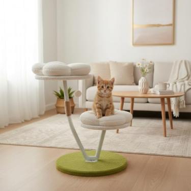 Imagem de Torre de árvore de gato margarida de 40 cm para gatinhos e gatos pequenos – condomínio resistente para gatos de 2 andares com estrutura de aço, camas de pelúcia macia, poste e brinquedo, móveis fofos