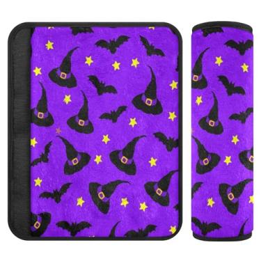 Imagem de Burbuja Chapéus de bruxa morcegos em roxo protetor de cinto de segurança de carro macio conforto protetor de cinto de segurança de carro para alça de ombro de assento, 1 par médio