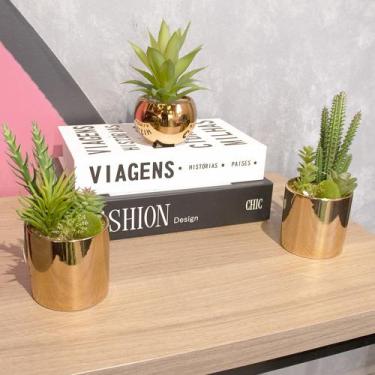 Imagem de Vaso Decorativo Cerâmica Dourado com Suculentas Artificiais Sortidas 1
