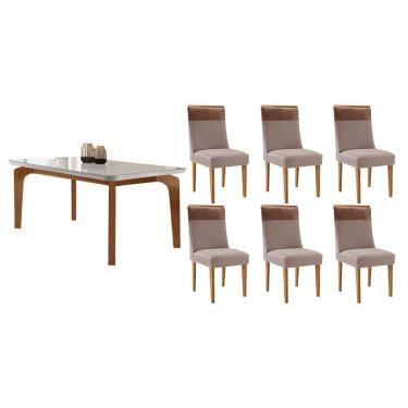 Imagem de Sala Jantar Mesa Londrina Tampo c/ Vidro Curvo 180cm+6 Cadeiras Jaspe Madeira Naturale/Off White - Capuccino/Linho Capuccino - Rufato