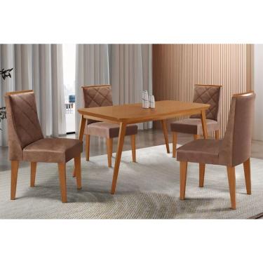 Imagem de Sala Jantar Mesa Havana Tampo Curvo 120cm+4 Cadeiras Pietá Madeira Naturale - Capuccino/Corano Capuccino - Rufato