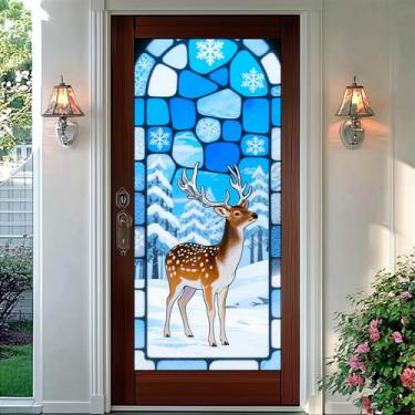 Imagem de HOMETITUTE Película para janela de vitral de veado 17,7 x 39,3 polegadas com design de floco de neve de inverno com design de floco de neve painel de privacidade para janela de porta de casa