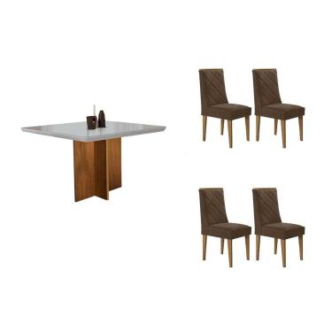 Imagem de Sala Jantar Mesa Berlim Tampo c/ Vidro Curvo 90cm+4 Cadeiras Pietá Madeira Naturale/Off White - Capuccino/Linho Capuccino - Rufato