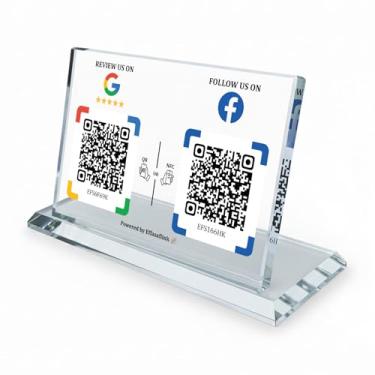 Imagem de Suporte de exibição de cristal com dupla placa QR e NFC – Compatível com Google e Facebook, acesso fácil e rápido à página de mídia social para clientes – perfeito para promover seguimento nas redes