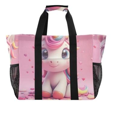 Imagem de ODAWA Bolsa de praia grande durável para homens, bolsa de praia dobrável à prova d'água, unicórnio de desenho animado fofo, Unicórnio de desenho animado fofo, One Size