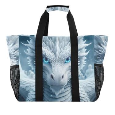Imagem de ODAWA Bolsa esportiva de lona lavável, organizador de natação, bolsa de praia de verão durável, olhos azuis dragão branco, Dragão branco olhos azuis, One Size
