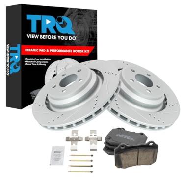 Imagem de TRQ Kit de freio traseiro e rotor de cerâmica premium revestido com G compatível com Chrysler 300 2008-2018 Dodge Challenger 2006-2019 Charger 2006-2019 Magnum 2006-2008
