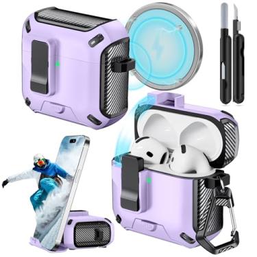 Imagem de JOREMX Capa para AirPods 4 (2024) com suporte de telefone, com interruptor de pressão automático, design de fibra de carbono, capa de proteção para AirPods 4 com cancelamento de ruído ativo