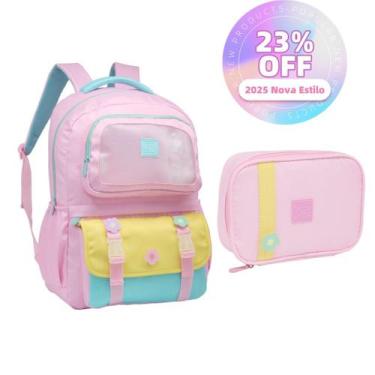 Imagem de Kit Mochila Feminina Juvenil Escolar Com Estojo E Chaveiro Abertura 18