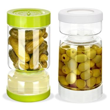 Imagem de ZENS Pote de picles com coador, separador de suco de picles, recipiente flip de molhado e seco, selo hermético atualizado para à prova de vazamento, pacote com 2 frascos de ampulheta de oliva com