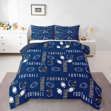 Imagem de jejeloiu Jogo de cama de futebol americano, tamanho solteiro, Indianápolis, para decoração de quarto de meninos e meninas, adolescentes, azul, branco, respirável, macio e leve de microfibra