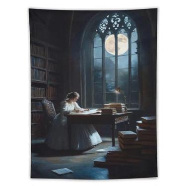Imagem de Woman In White Gown Reading At Desk In Library By Full Moon Window Wall Tapestry Cozy Literary Art For Living Room Serene Hanging Accent Classic Scene60 x80 Tapeçaria