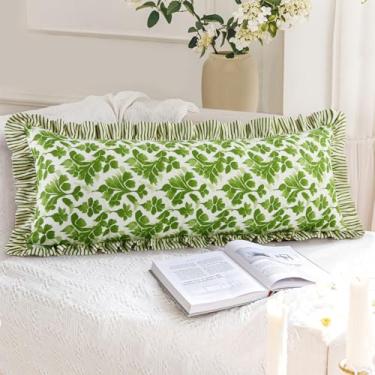 Imagem de Capa de almofada de babados com estampa de bloco de algodão de 35,5 x 91 cm, fronha feita à mão com estampa floral boho, acabamento de babados, capa de almofada decorativa macia para quarto, casa de