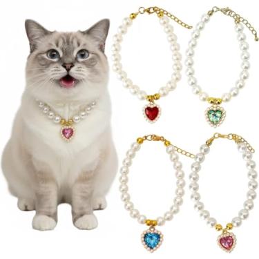 Imagem de Coleira de pérola para cães, colar de pérolas para cães, pacote com 4 cores sortidas, rosa azul claro vermelho iridescente, tamanho médio com pérolas brilhantes