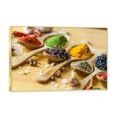 Imagem de NHLDZYH Moldura dourada. Arte de parede em tela de especiarias coloridas e colher de tempero | Decoração de cozinha vintage | Arte moderna para casa e sala de jantar. C41. 70 x 105 cm - 27,6 x 41,4