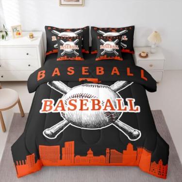 Imagem de Erosebridal Jogo de cama solteiro de beisebol, softball, 7 peças, jogos esportivos, decoração de quarto de crianças, adolescentes e adultos, (Baltimore) preto e laranja