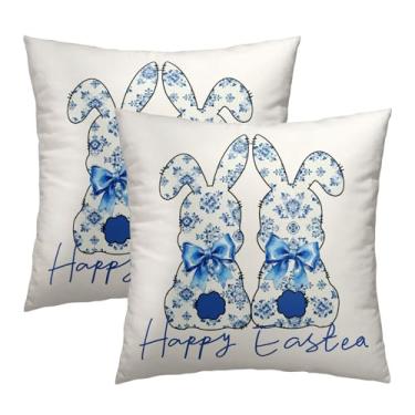 Imagem de Happy Easter Capas de almofada de coelho azul e branco 45,7 x 45,7 cm Conjunto de 2 almofadas de coelho de primavera chinoiserie capas de almofadas quadradas decoração para sofá de férias ao ar livre