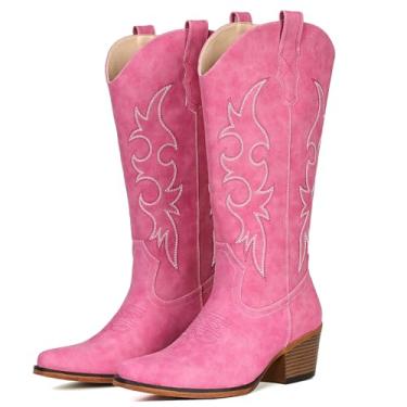 Imagem de IUV Botas de cowboy femininas Western Cowgirl, cano médio, bico curto, salto grosso, rosa, 37