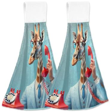 Imagem de TSENQUE Girafa Toalhas de mão de cozinha personalizadas de animais engraçados com laço para pendurar toalhas de gravata de banheiro macias absorventes fofas cozinha decoração de banheiro conjunto de 2