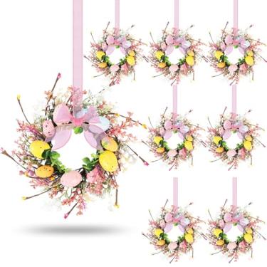 Imagem de 8 peças de anéis de vela de ovo de Páscoa, guirlandas, mini guirlanda artificial de primavera de ovo de páscoa para pendurar na porta da frente, guirlanda de armário de cozinha com fita para varanda