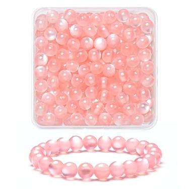 Imagem de 100 peças de contas de olho de gato lisas naturais pêssegos rosa pálido de 8 mm, contas redondas soltas de pedra preciosa para fabricação de joias com cordão elástico de cristal (cor 12)
