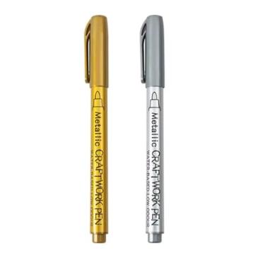 Imagem de Canetas Metálicas Ponta Brush Pincel Marcador Permanente DOURADO Tinta Óleo