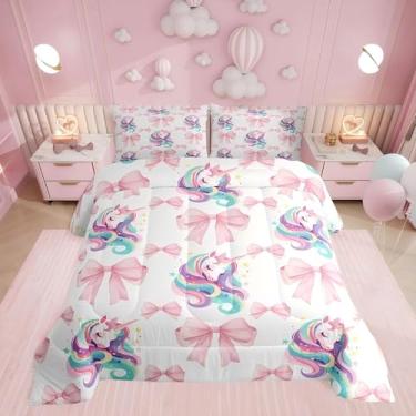 Imagem de Erosebridal Jogo de cama solteiro com laço rosa kawaii, arco-íris, unicórnio, para crianças, adolescentes, edredom estilo princesa sonhadora, edredom feminino com 1 fronha