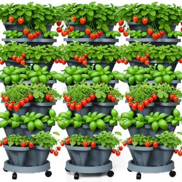 Imagem de Lykvrii 7 plantadores de morango em camadas, pacote com 3, plantador empilhável vertical, torre empilhável de ervas, jardim, plantadores de flores e vegetais com mastro de suporte interno e externo