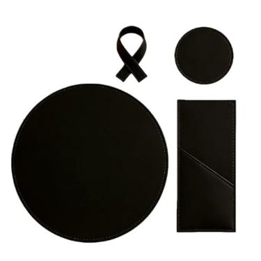 Imagem de Jogo Americano Sousplat em Couro + Porta Copo + Porta Talher e Guardanapo Casa Decoração Restaurante para Casa e Restaurante Brasileiro(KIT COM 6 JOGOS,PRETO Redondo)