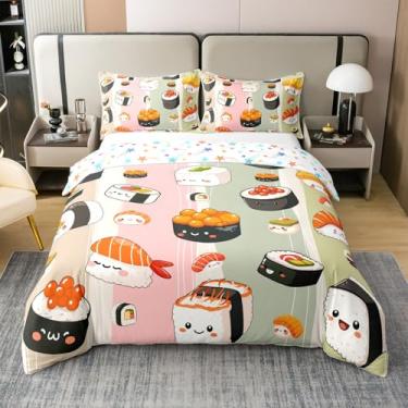 Imagem de Manfei Capa de edredom infantil de sushi fofo, 100% algodão, tamanho Queen, comida japonesa, conjunto de cama para meninos e meninas, listras coloridas geométricas patchwork preto e branco, 2 fronhas