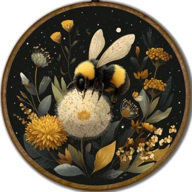 Imagem de WMSYUO Arte de parede vintage de abelha e floral, impressão em tela de insetos retrô com moldura redonda, plantas de fazenda decoração suspensa redonda para quarto, cozinha ou sala de estar 25 x 25 cm