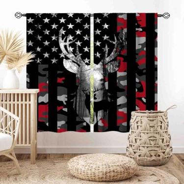 Imagem de Cortinas com bandeira americana, rústica, retrô, vermelha, cinza, camuflada, caça, vintage, bandeira dos EUA, alce, alce, caçador, patriótico, homem rural, caverna, blecaute, cortina de janela para