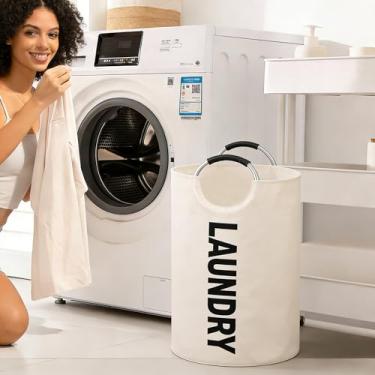 Imagem de Cesto de armazenamento para cesto de roupa suja com alças bolsa organizadora de roupas verticais para quarto, banheiro, uso no dormitório, branco