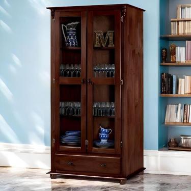 Imagem de Cristaleira Rústica De Madeira Com 2 Portas, 3 Prateleiras, 1 Gaveta E Pés Torneados - Pinhão