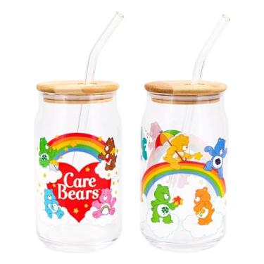 Imagem de Silver Buffalo Care Bears Legacy Guide Rainbow Group and Logo 2 copos de vidro de 473 ml com tampa de bambu e conjunto de canudo de vidro