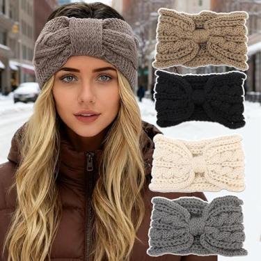 Imagem de Conjunto de 4 peças para aquecedores de orelha de inverno femininos com botões para máscara facial, malha de crochê quente para cabeça (bege + cinza + cáqui + preto, 21 x 14 cm)