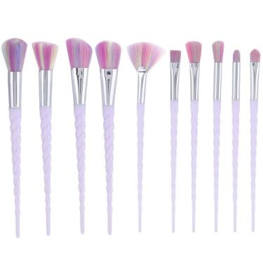 Imagem de Conjunto de 10 pincéis de maquiagem estilo unicórnio com cerdas sintéticas para iniciantes, incluindo sombra, blush e ferramentas de contorno, roxo claro