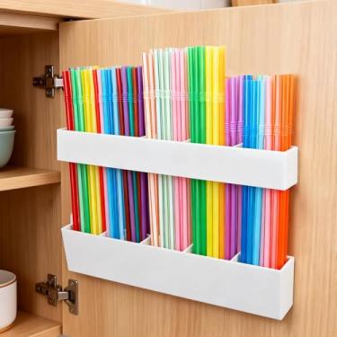 Imagem de Suporte de canudo para porta de armário, armazenamento organizador de canudo de acrílico de 24 cm, dispensador de canudo ajustável reutilizável de duas partes com autoadesivo ultra adesivo para