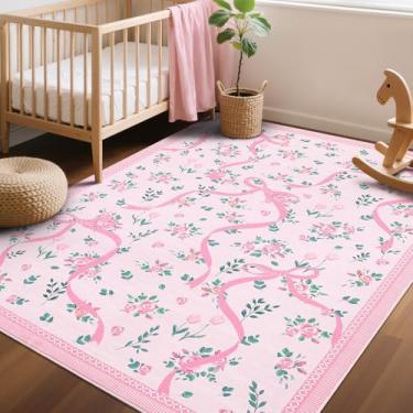 Imagem de GarveeHome Tapetes Coquette rosa para quarto de meninas, 10 x 15 cm para sala de estar com pelo baixo macio, tapete de área lavável com laço floral para berçário, dormitório infantil, sala de jogos