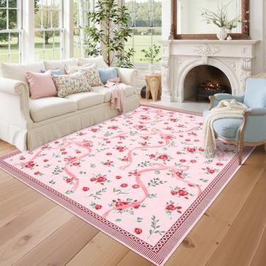 Imagem de GarveeHome Tapete de laço vermelho de Natal 20 x 25 para sala de estar, tapetes de Natal para quarto de meninas com pelo baixo macio, tapetes florais 20 x 25 cm vermelho para sala de jantar, berçário