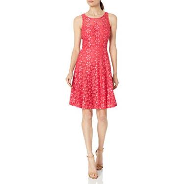 Imagem de Nine West Vestido feminino de renda floral com costura princesa com parte inferior rodada, Brilho de fogo/rosa, 42