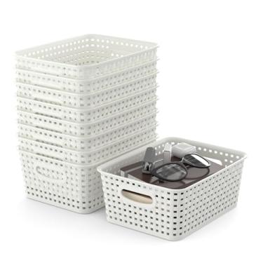 Imagem de Pacote com 9 cestas de armazenamento de plástico, cestas de plástico com alças, cestas para organização de casa e escritório. Branco