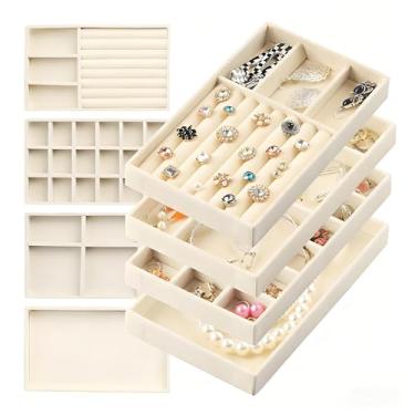 Imagem de Kit de 8 Bandejas Empilháveis para Jóias Bijuterias com Divisórias e Flanela Mágica, Para Gavetas, Closet e Armários - Bandejas de Exibição para Anéis, Brincos, Colares e Pulseiras (Bege)