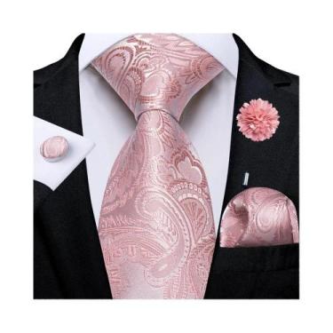 Imagem de Gravata Masculina Floral Paisley Rosa Com Lenço De Bolso, Abotoaduras 