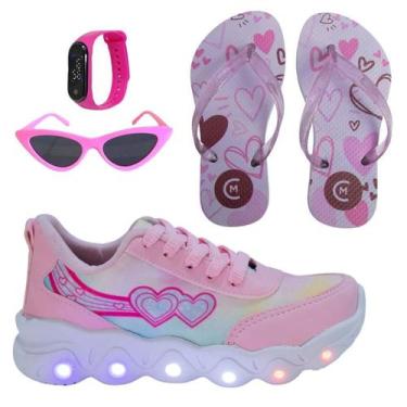 Imagem de Tênis Led Infantil Feminino Casual Jogging Estrela Coração Rosa +Óculo